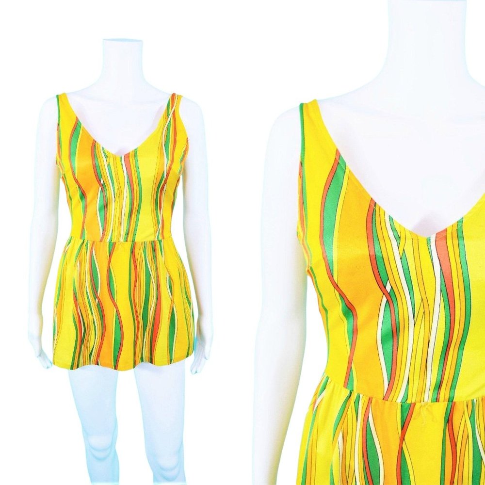 Vintage 1970s Swimsuit Striped Colorful Skirted One Piece Bathing Suit | W 24"